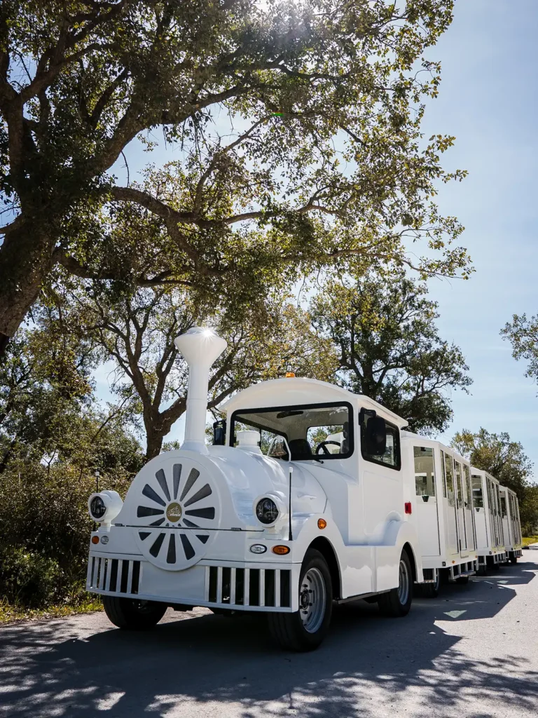 Deltrain Delga EV tourist train in white operating on structured passenger route
