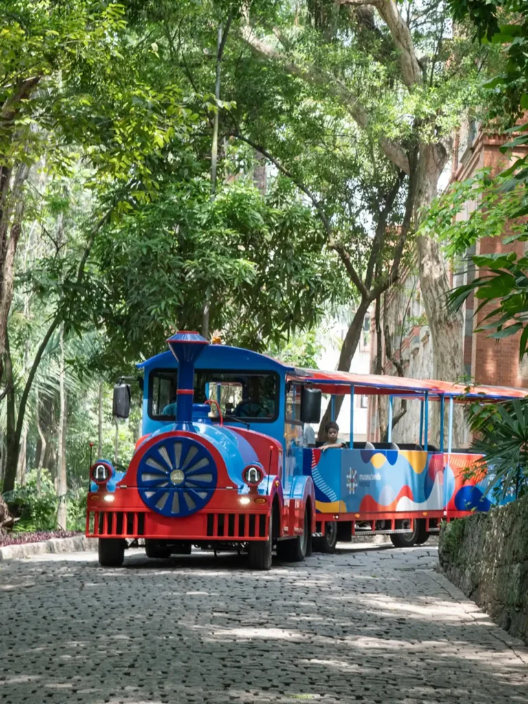 Front view of Deltrain Delga EV electric tourist train