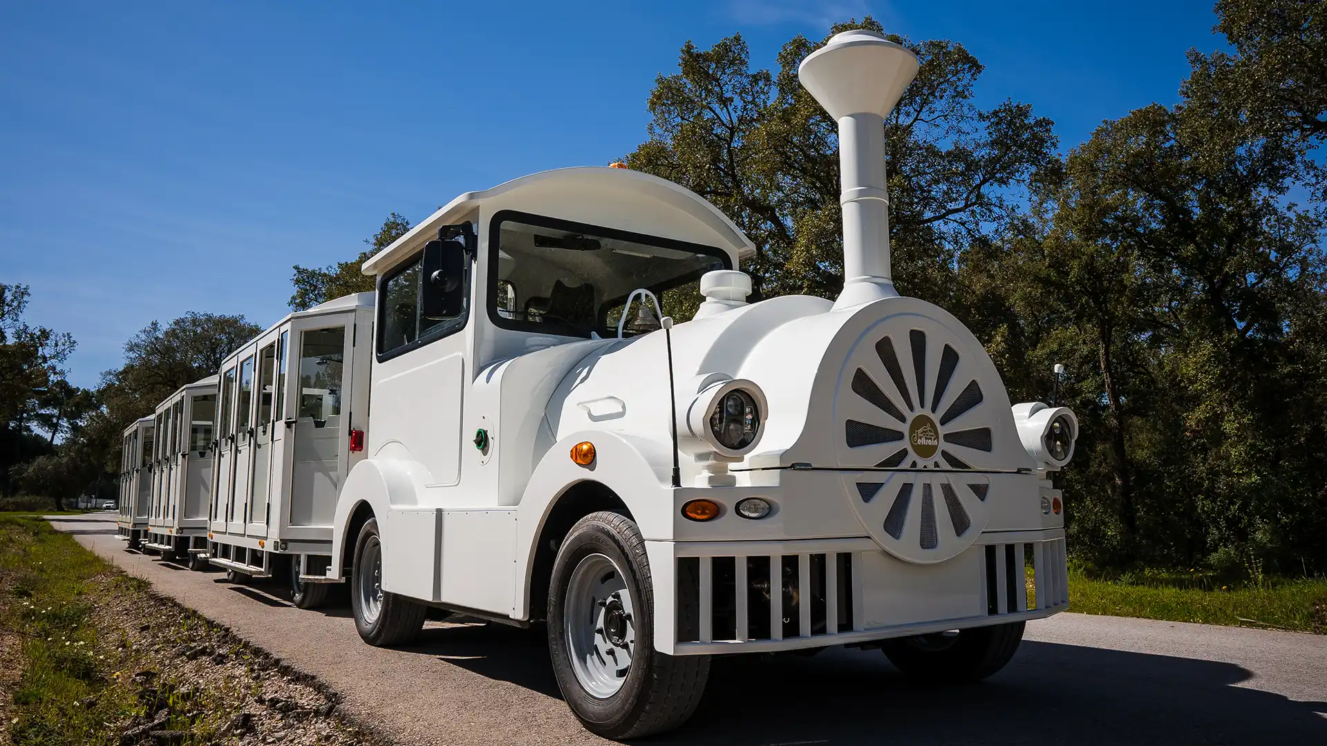 Deltrain Delga EV tourist train locomotive for park and attraction transport