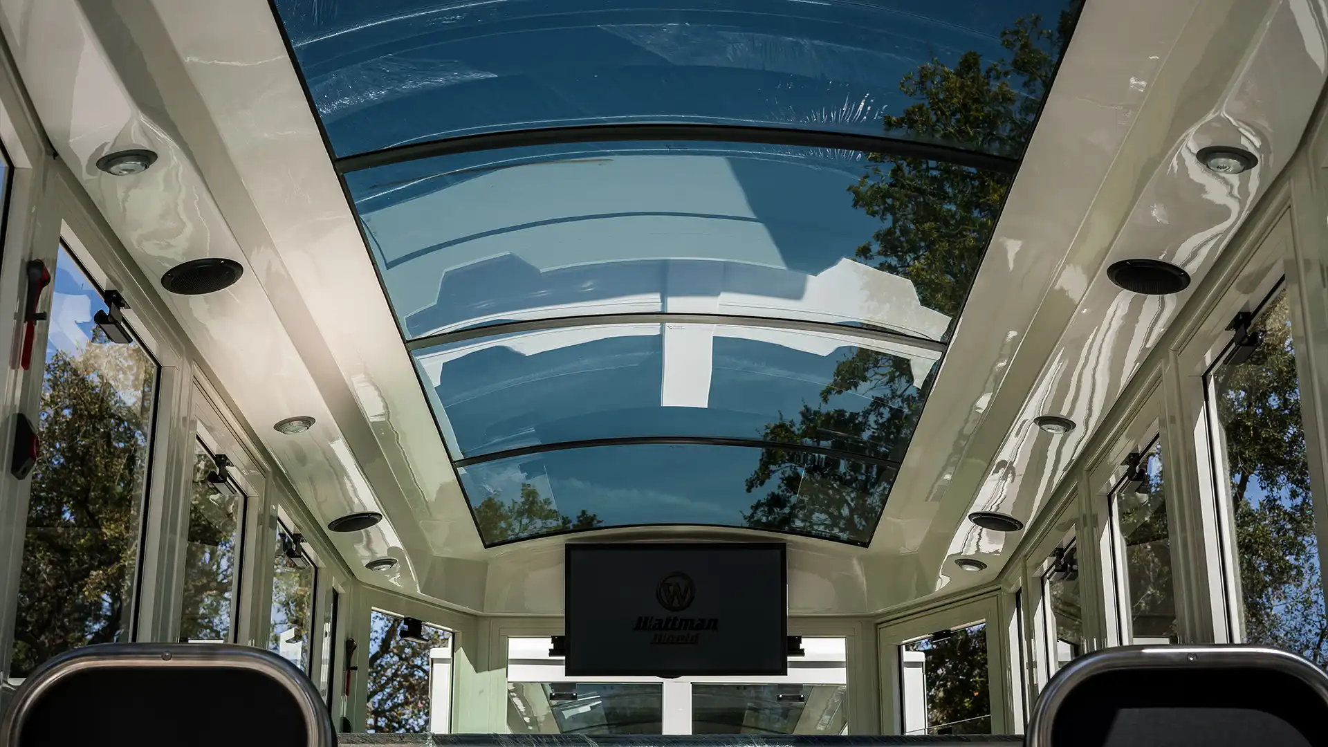 Interior of the Deltrain Diamond passenger wagon with panoramic roof and enclosed seating