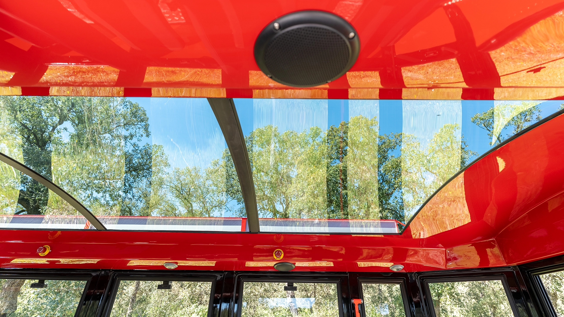 Decorated red ceiling and upper window band inside a Deltrain Prime enclosed tourist train wagon