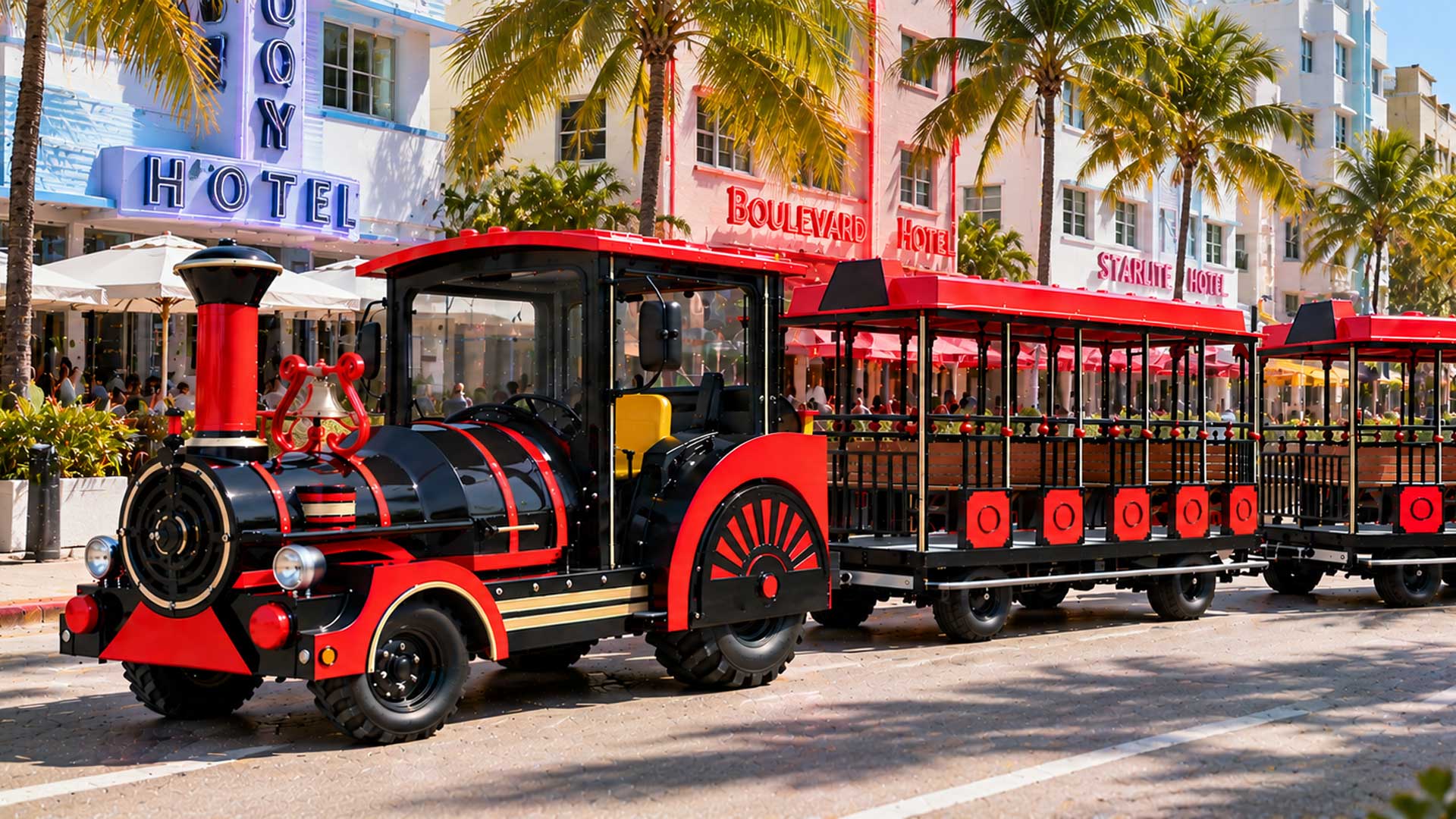 TDK50 / TDJ50 train with FL15 coaches on a city boulevard lined with hotels
