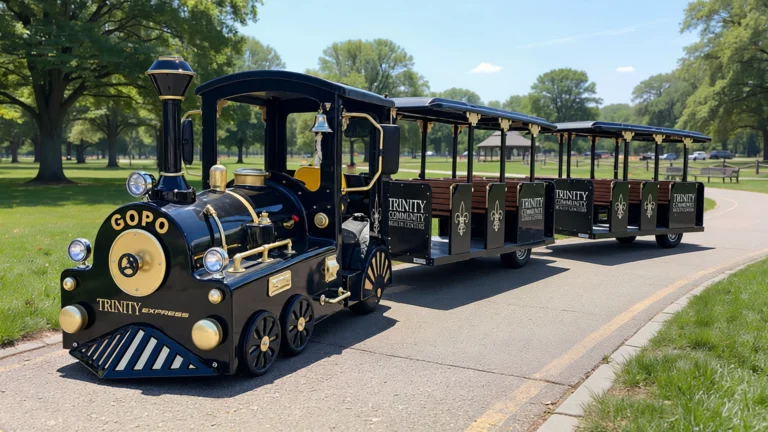 TJ25 attraction train with black locomotive and C12 coaches on a paved park path